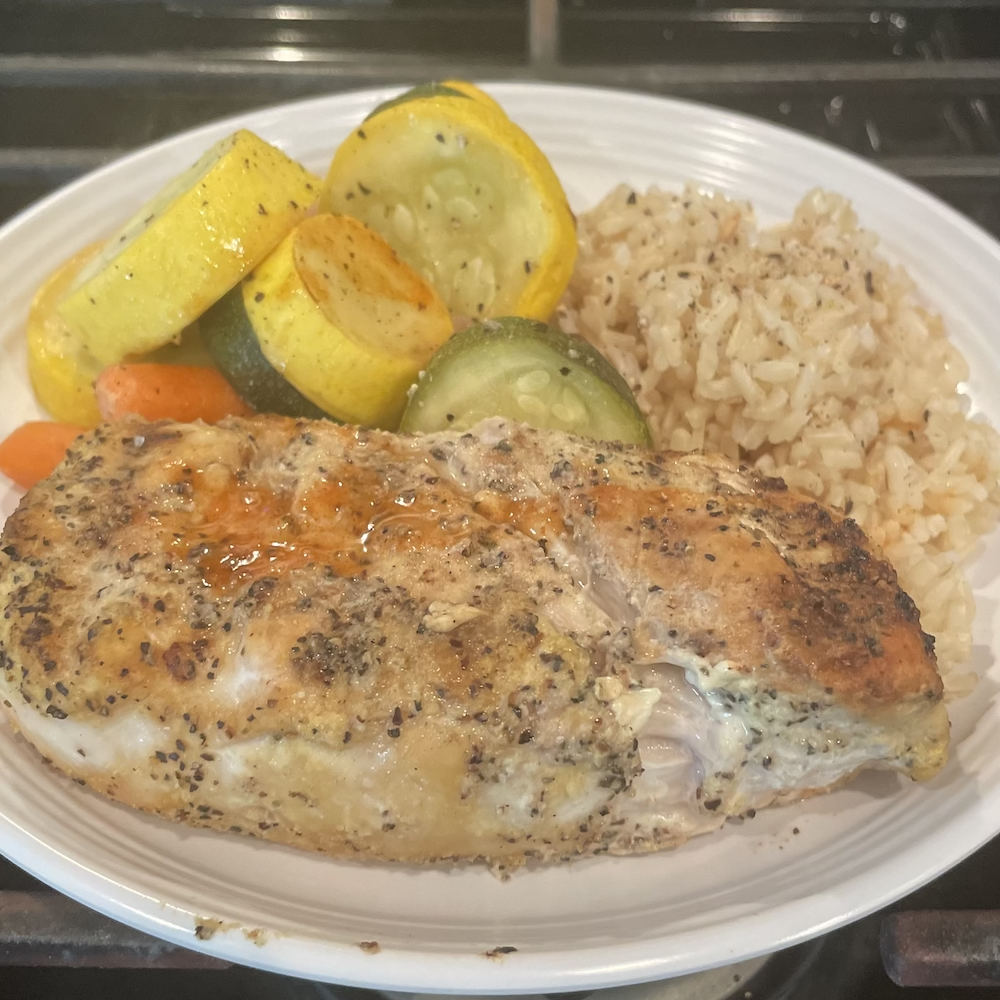 Grilled Chicken Breast with Brown Rice and Roasted Veggies image