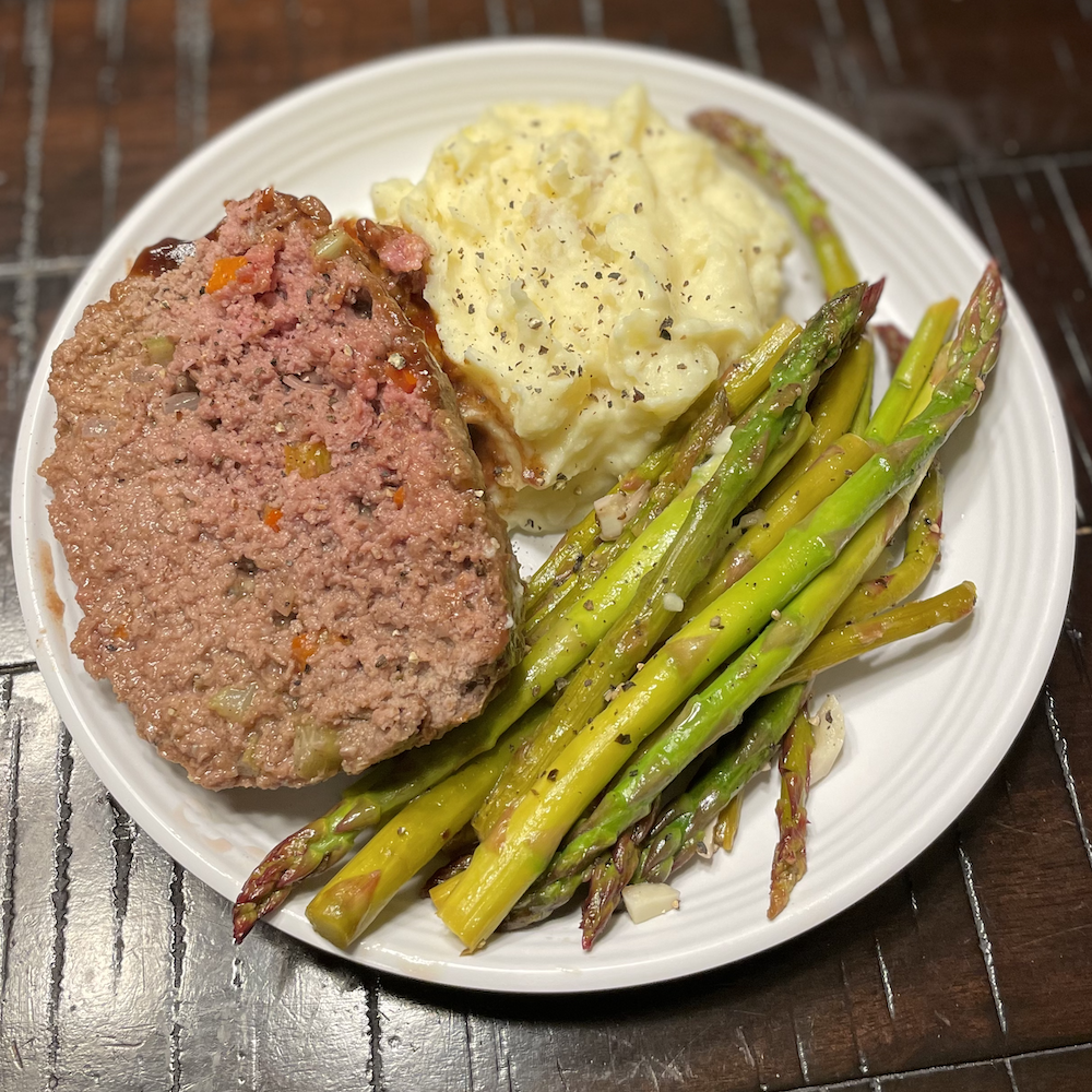 Meatloaf and Mashed Potatoes with Sauteed Asparagus image