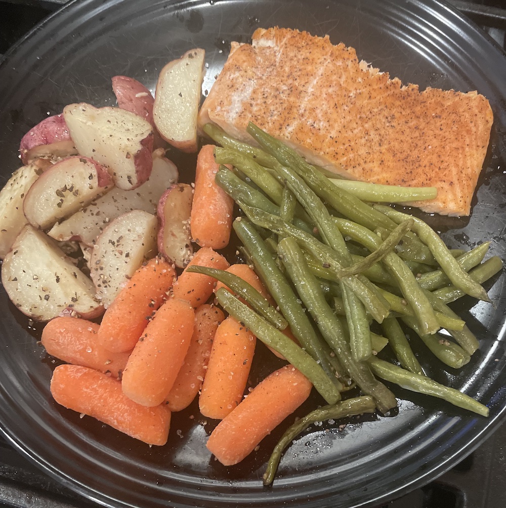 Baked Salmon with Roasted Potatoes and Sauteed Veggies Photo